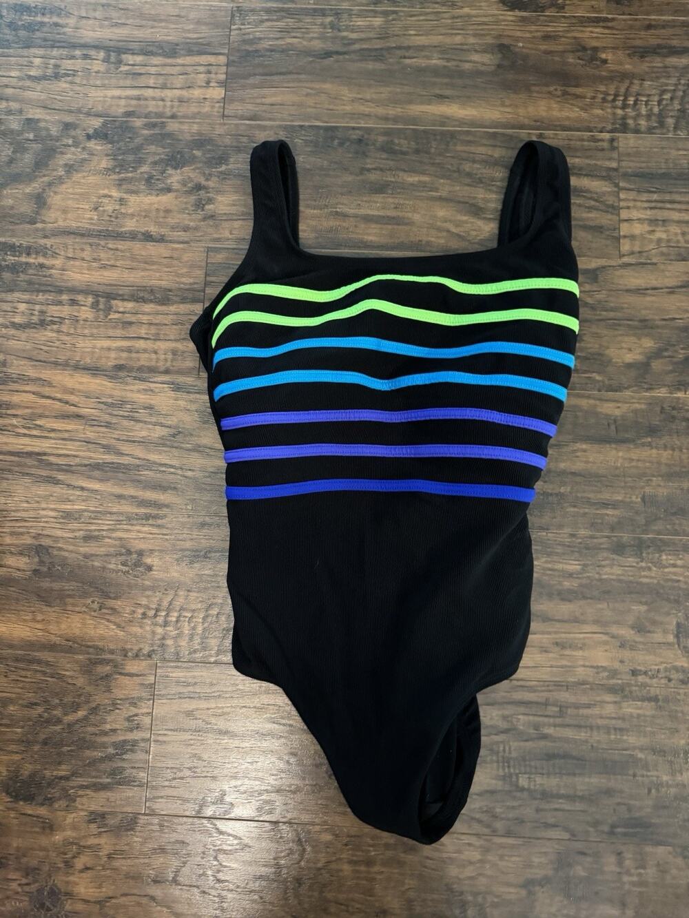 Croft & Barrow One Piece Swimsuit Sz 12 Black Multi Color Stripe Lined Nylon Vtg